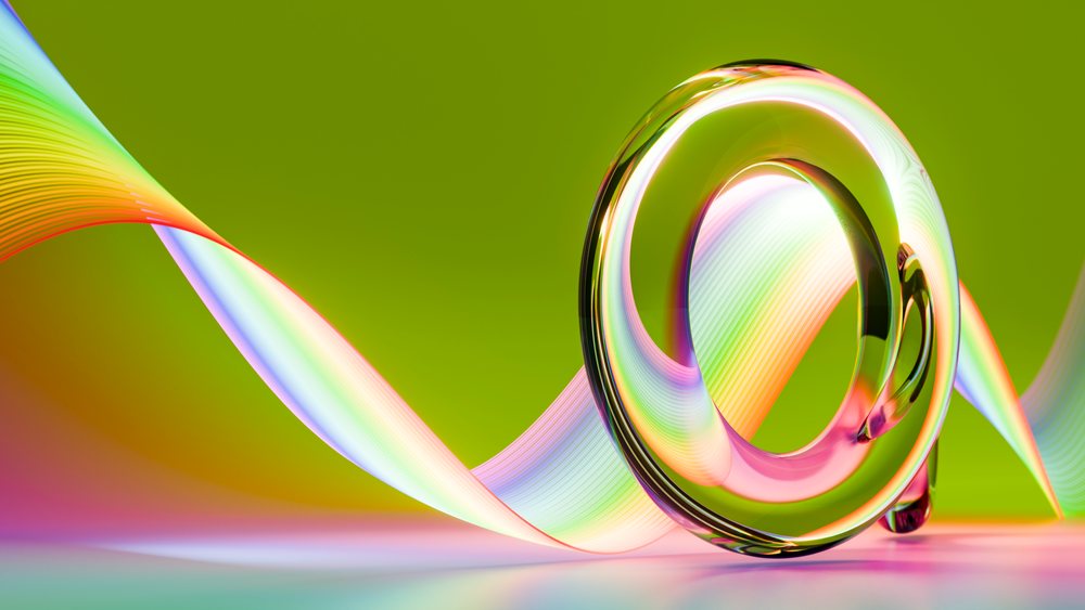 Glass spiral featuring a flowing colorful rainbow wave on a smooth green background in a 3D digital illustration.