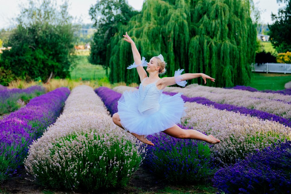 A ballet dancer in a white tutu leaps gracefully over blooming lavender rows outdoors, WA, USA.