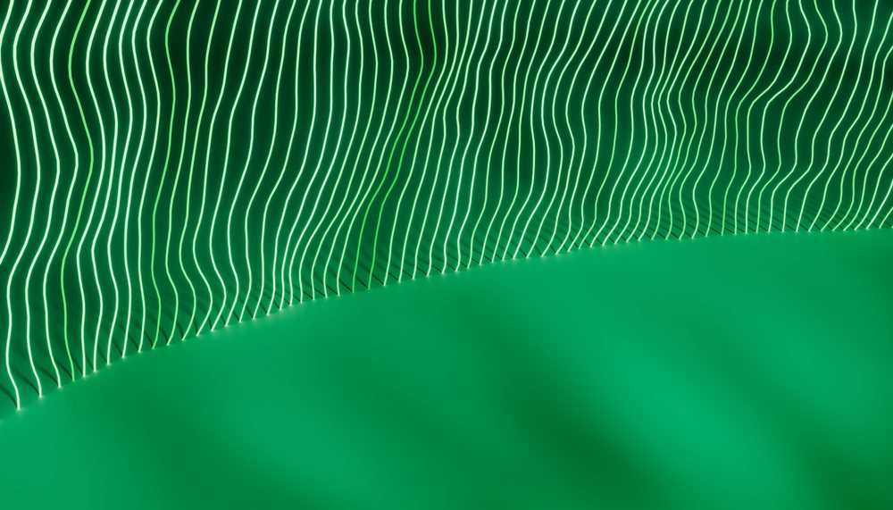 Abstract green digital pattern featuring curved glowing lines forming flowing wave shapes.