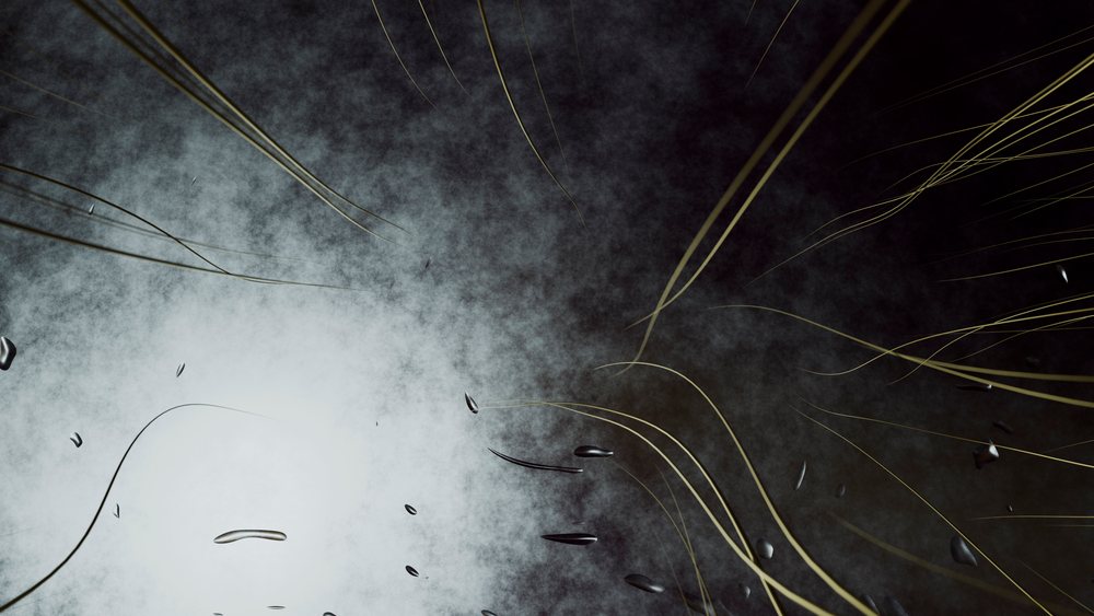 Abstract digital art featuring wispy strands and floating shapes set against a dark smoky background.