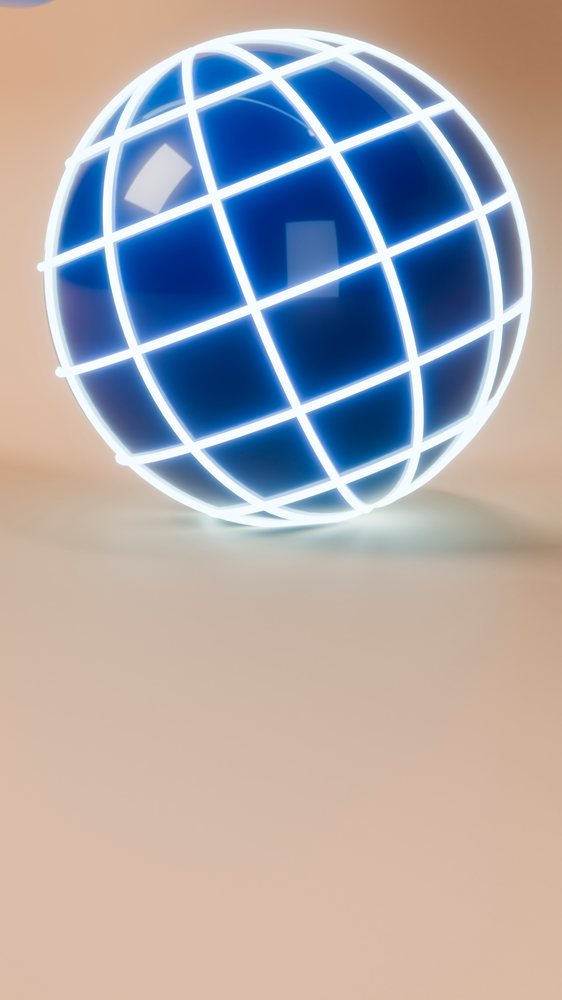 Blue spherical globe with glowing white grid lines on a smooth beige background.