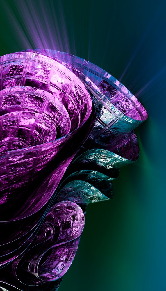 Abstract folded glass sculpture with textured purple and blue panels against a green background.