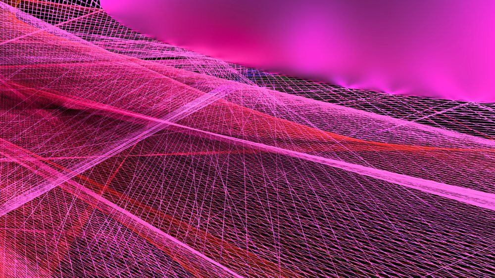 Abstract 3D digital network mesh with interconnected pink lines on gradient background.