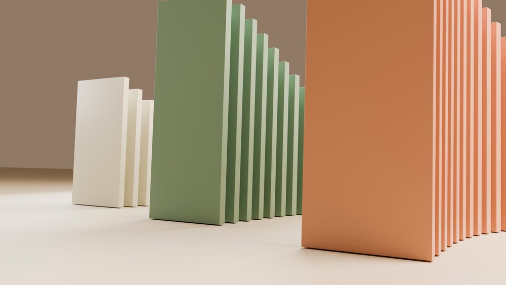 3D illustration of orange, green, and white standing rectangles arranged minimally on a neutral surface with soft shadows.