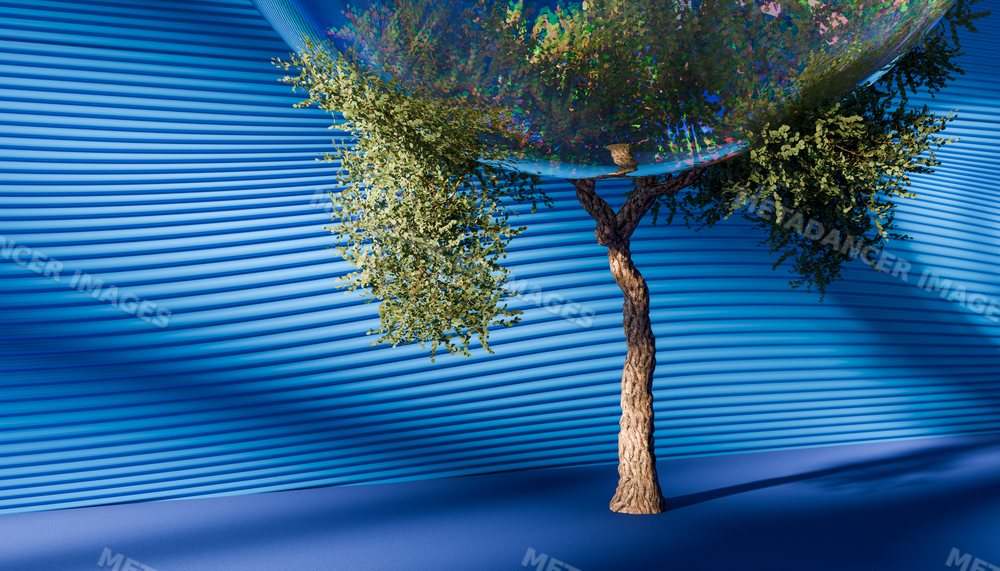 Reflected tree sculpture with green leaves against a blue patterned