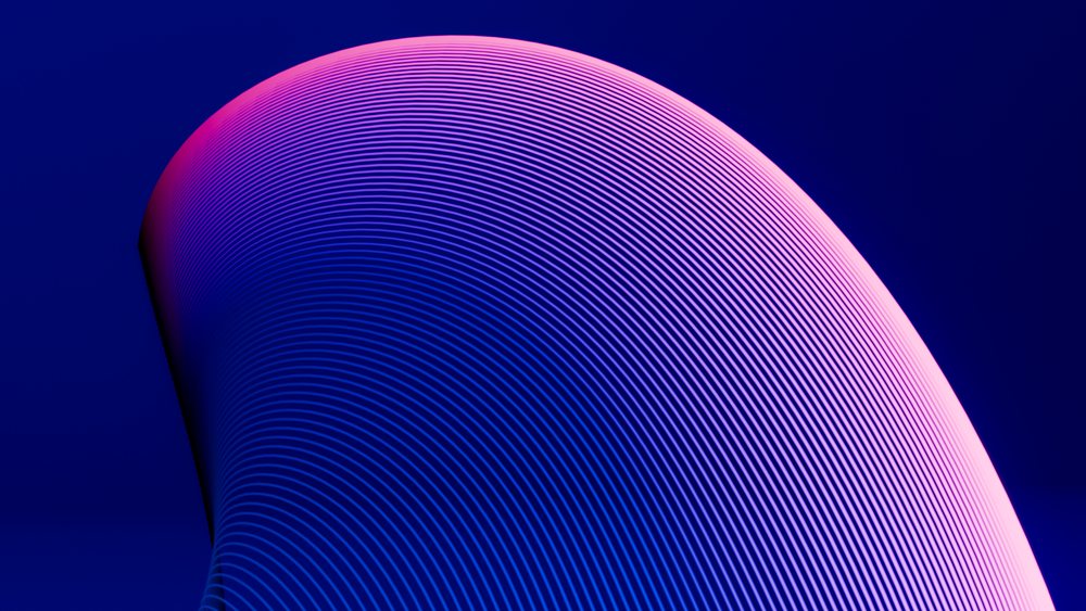 Digital illustration of curved lines forming a pink to blue wave pattern on a dark blue background.