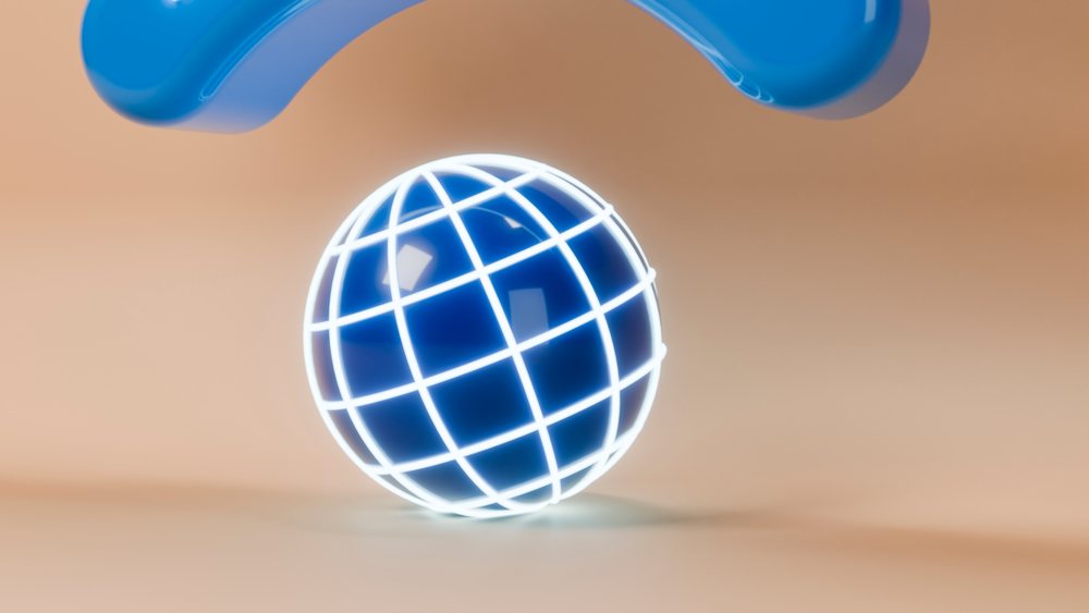 3D digital rendering of a blue sphere globe with white glowing wireframe network lines on a smooth beige background.