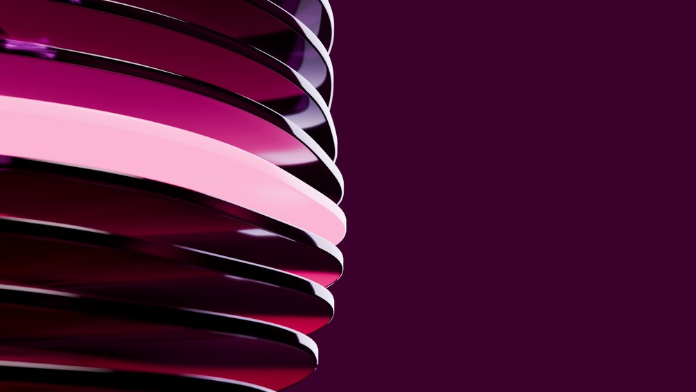 Digital 3D illustration featuring abstract layered cylindrical shapes with smooth, shiny surfaces in a pink-to-purple gradient.