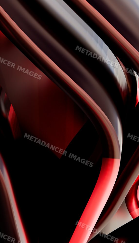 Glossy curved tubes form a modern abstract composition with red