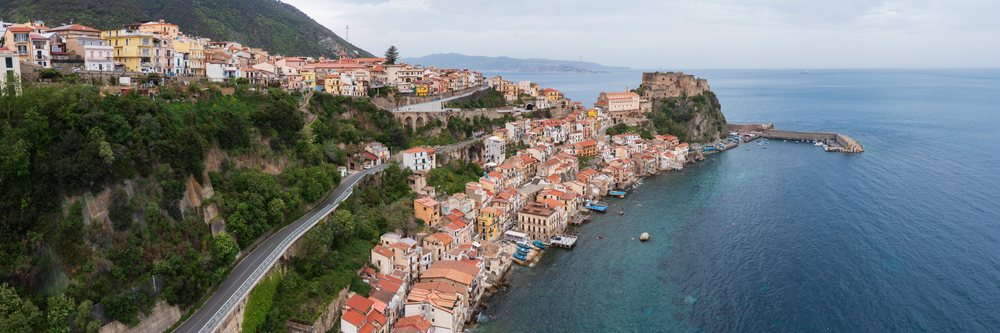 Aerial view showing the coastal town of, Scilla, Calabria, Italy.