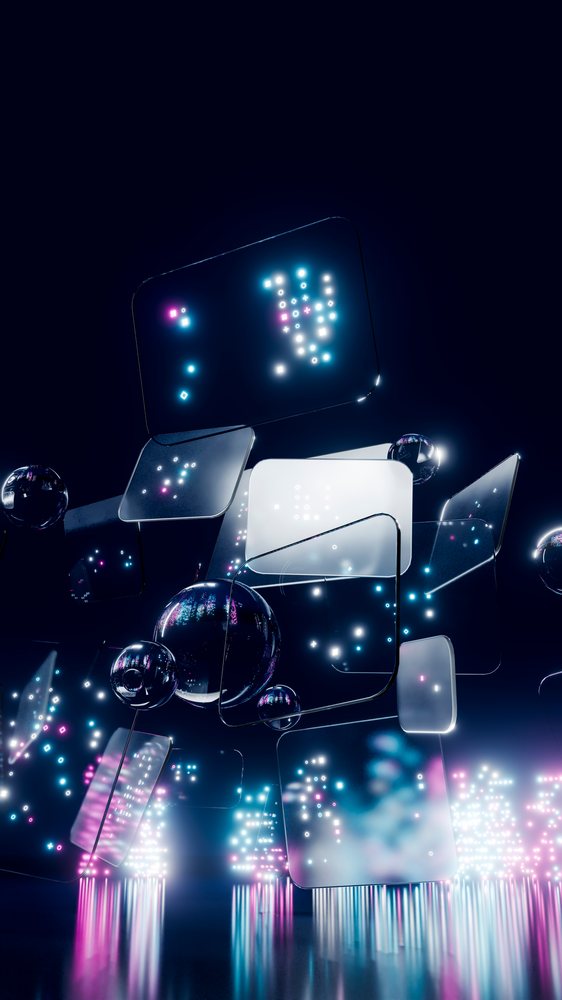 Digital interface with floating translucent screens and glowing spheres.