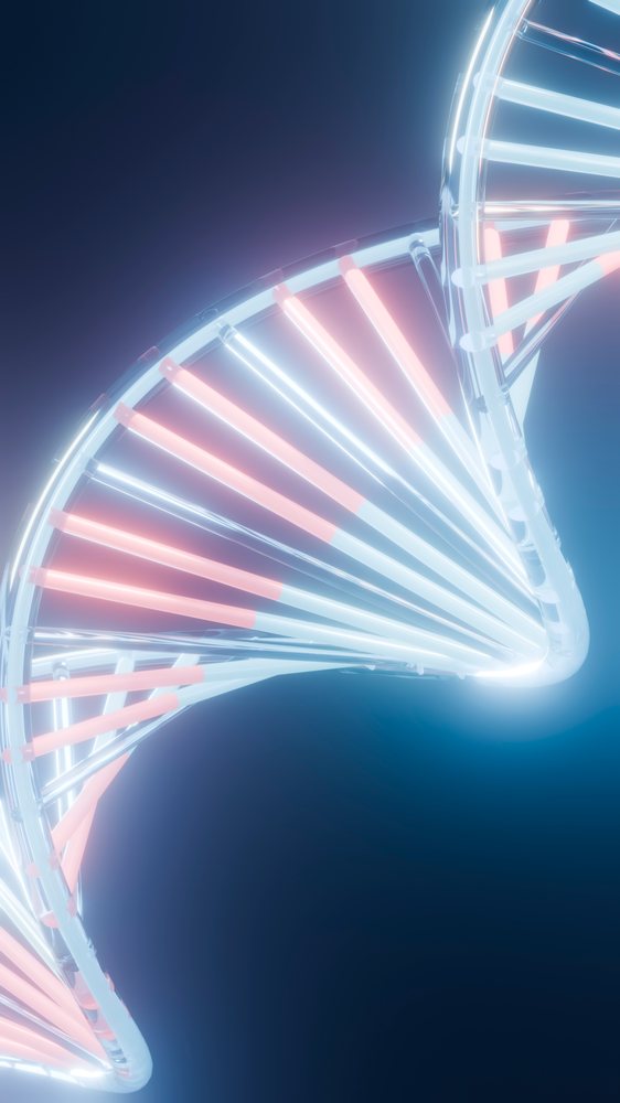 DNA double helix strands glowing with neon lights on a dark blue background in a scientific illustration.