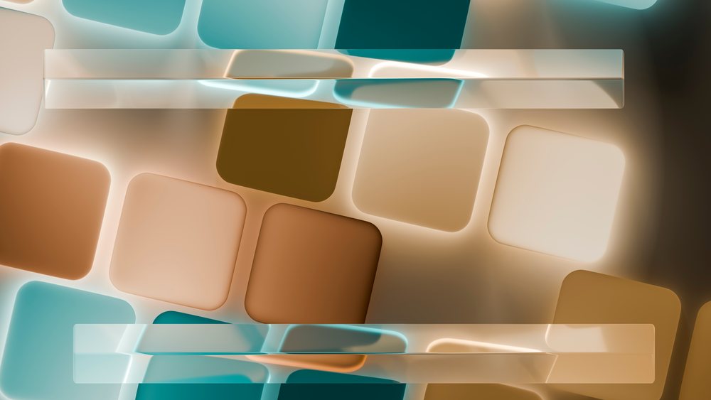 Abstract digital art showing overlapping beige, brown, and blue rounded squares with soft edges.