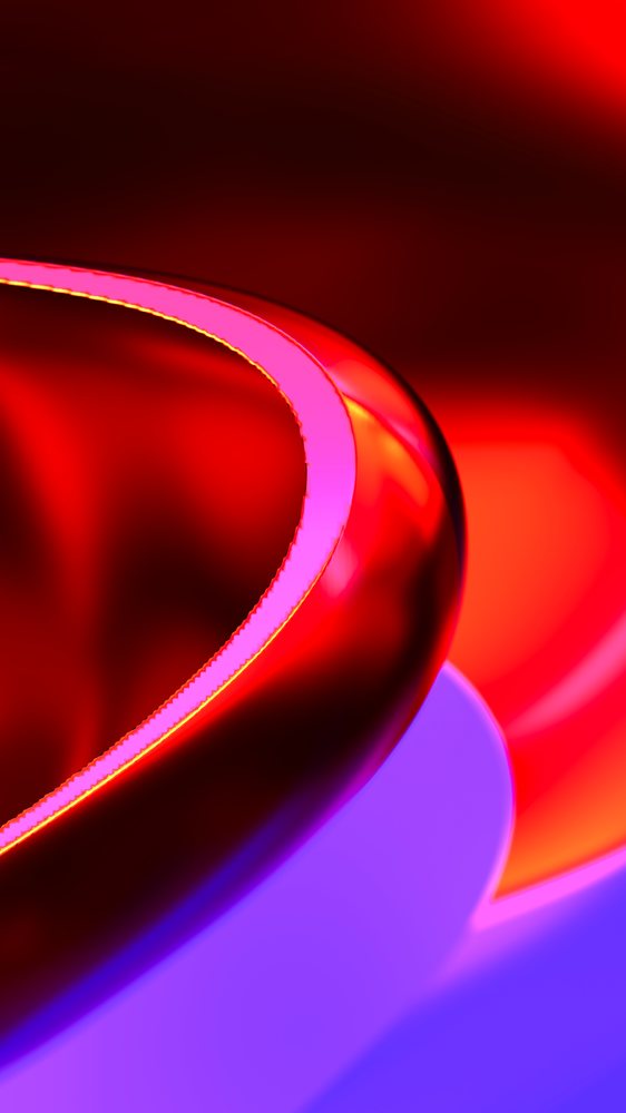 Abstract close-up of a glossy, curved red and purple surface with reflective and glowing effects.