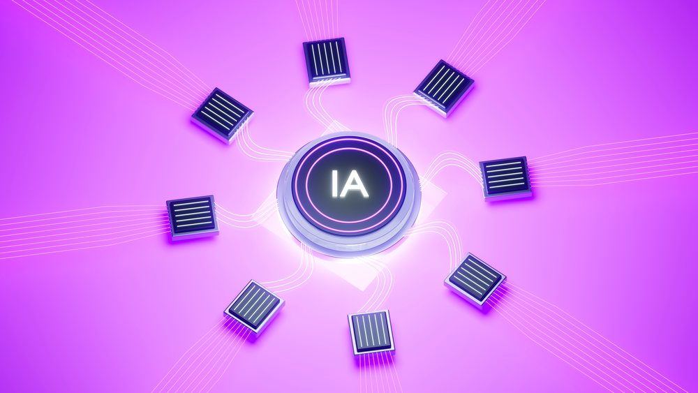 3D digital rendering of a glowing IA hub connected to multiple circuit blocks by luminous lines on a purple background.