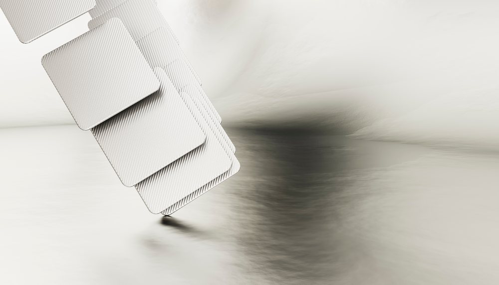 Abstract 3D illustration showing stacked floating square shapes with soft shadows on a smooth white background in a minimalist style.