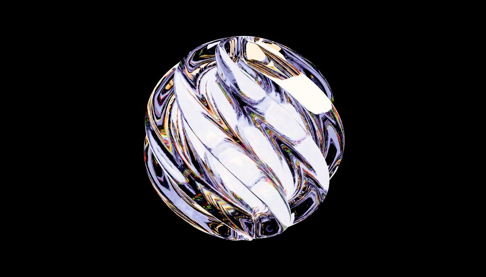 Abstract glass sphere with swirling transparent and purple patterns and an embedded cube on a black background.