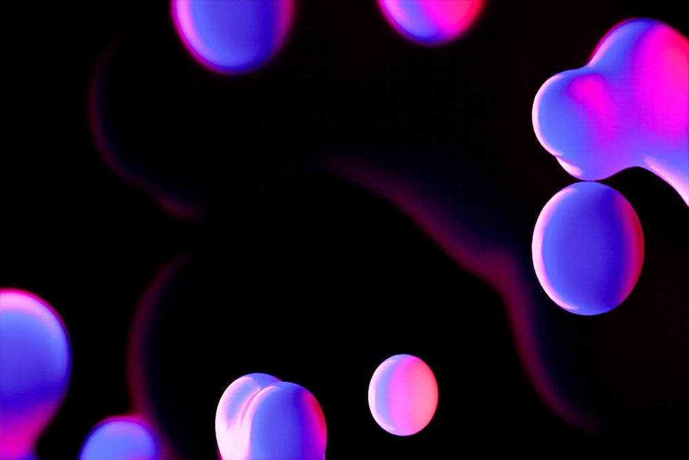 Abstract glowing organic shaped blobs in purple and pink neon hues on a dark background.