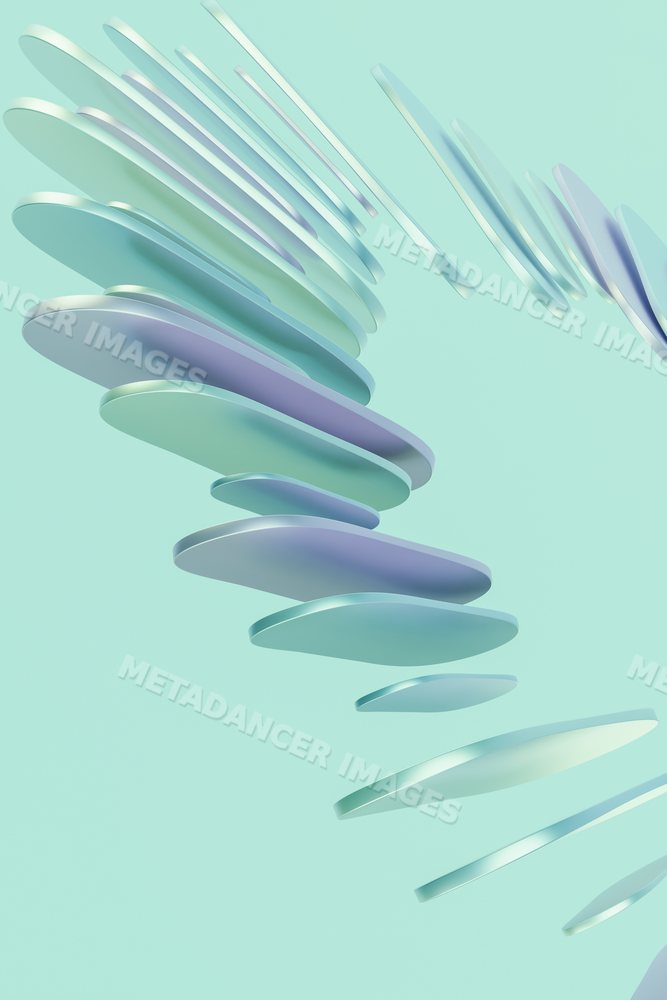 Digital 3d render featuring floating abstract curved shapes on blue