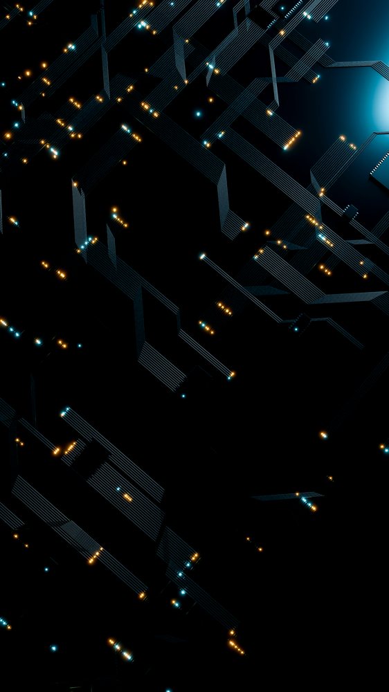 Close-up of an abstract circuit board showing glowing blue and orange lights against a black background.