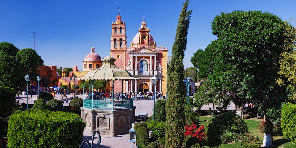 The Santa Maria de la Asuncion church and Plaza Miguel Hidalgo, are, Queretaro, Mexico.