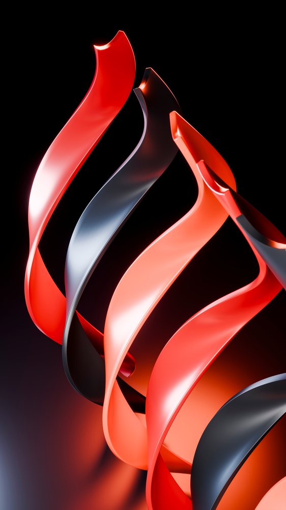 Abstract digital illustration showing multiple intertwined twisted glossy red and black ribbons against a dark red-orange gradient background.