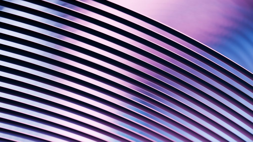 Abstract curved metallic lines form a purple and pink geometric pattern with smooth, shiny surfaces.