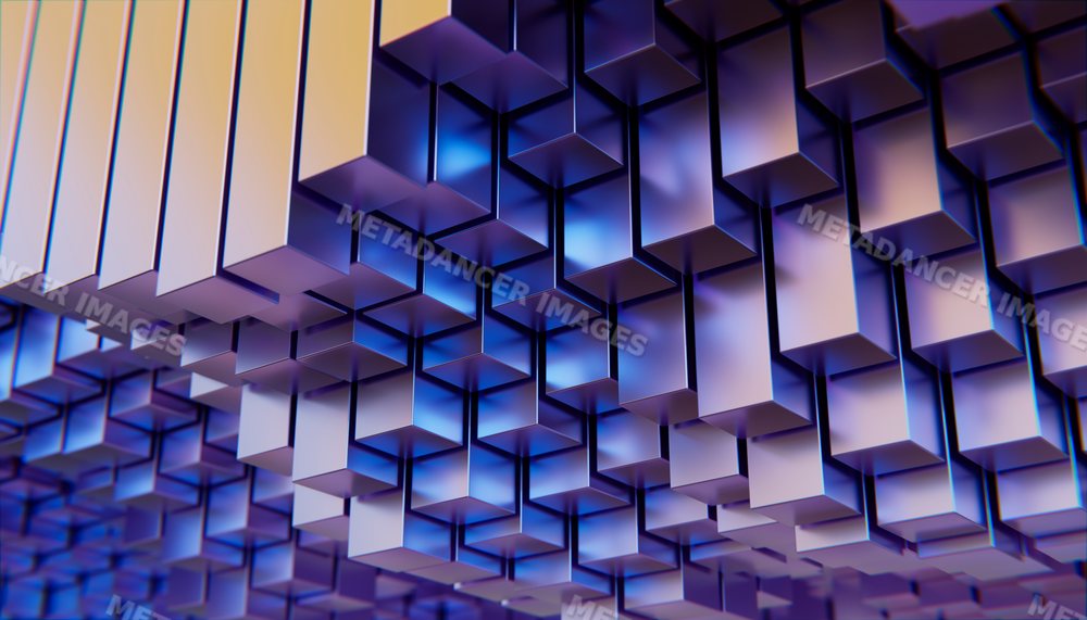 Digital abstract metallic blue and silver cubes forming a geometric
