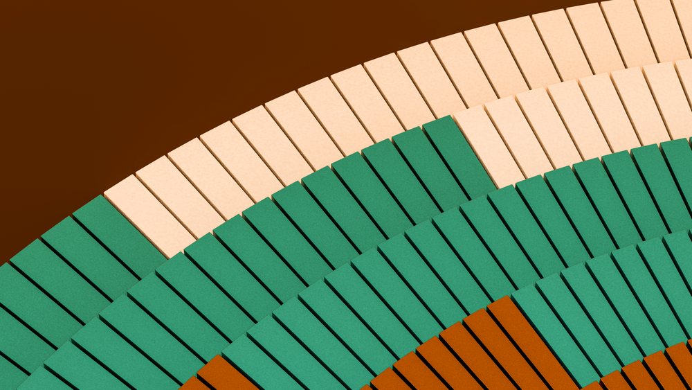 Abstract geometric pattern of overlapping colorful rectangles arranged in curved layered formation on a brown background.