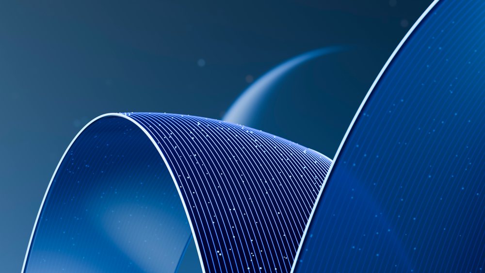 Blue curved digital wave with white dots forms a flowing ribbon shape on a smooth gradient background.