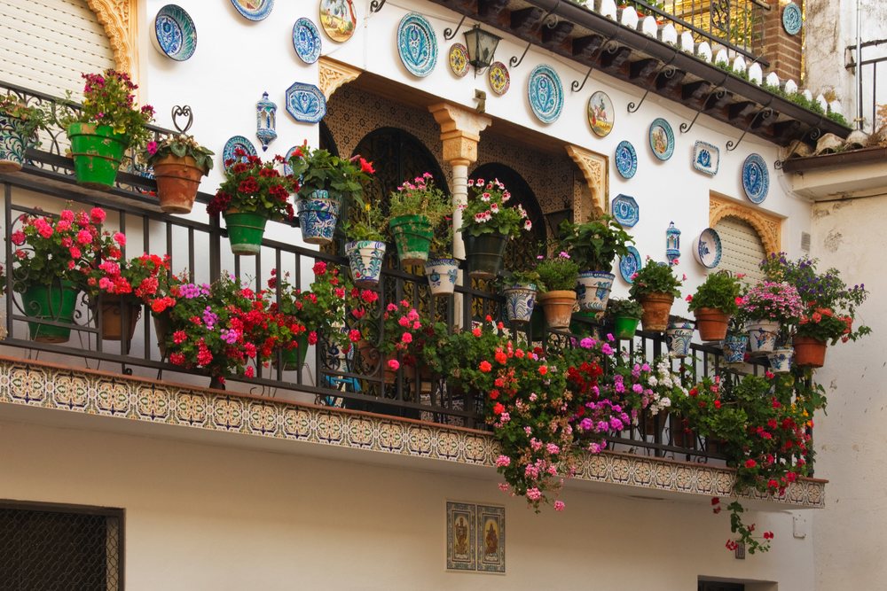 Colorful geraniums and pelargoniums in ceramic pots decorate a Mediterranean style balcony with ornamental plates, Andalusia, Spain.