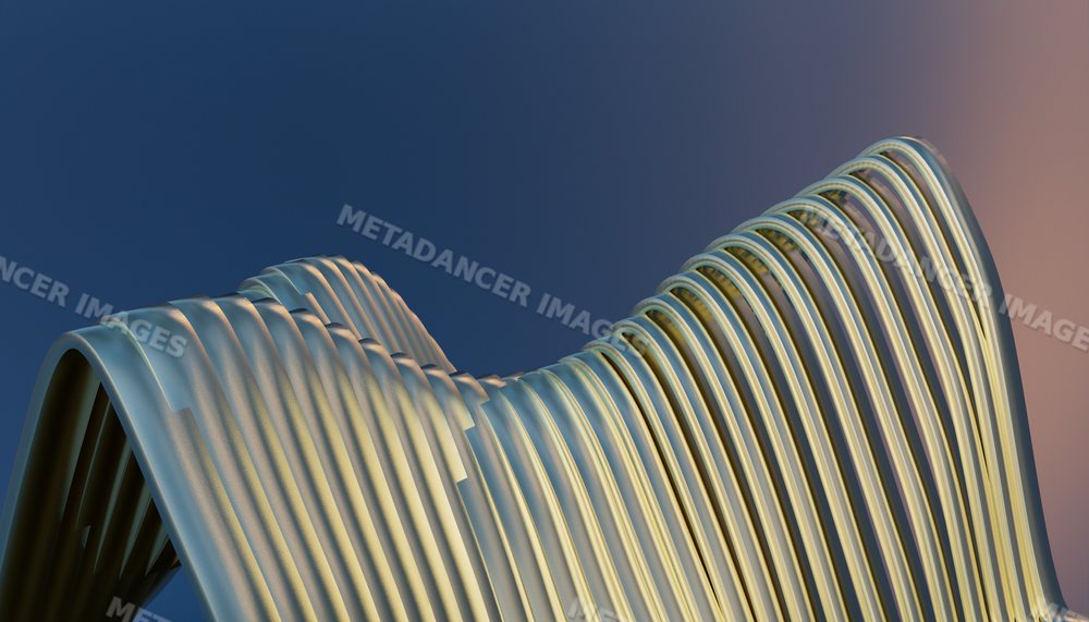 Modern architectural building with wavy steel facade in daylight
