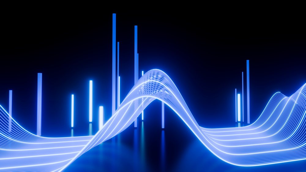 Blue glowing digital waves and vertical neon bars create an abstract futuristic design on a dark background.