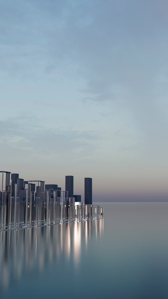 Glass buildings reflect on a calm water surface under a twilight sky in a minimalist urban landscape.
