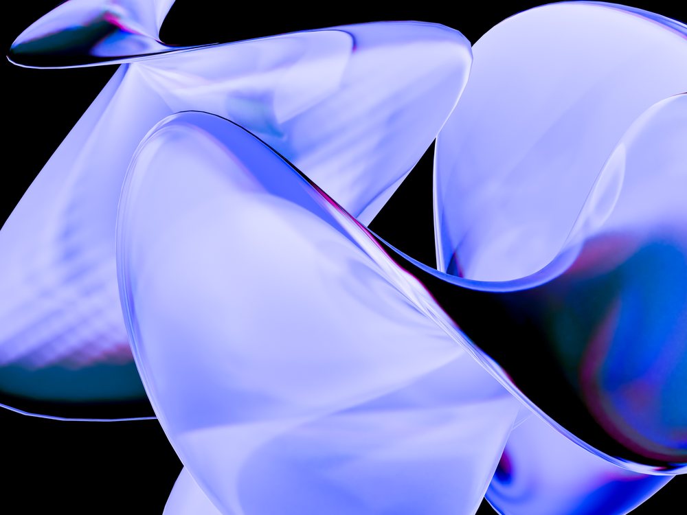 Close-up of a smooth, shiny blue abstract 3D shape with fluid curves against a black background.