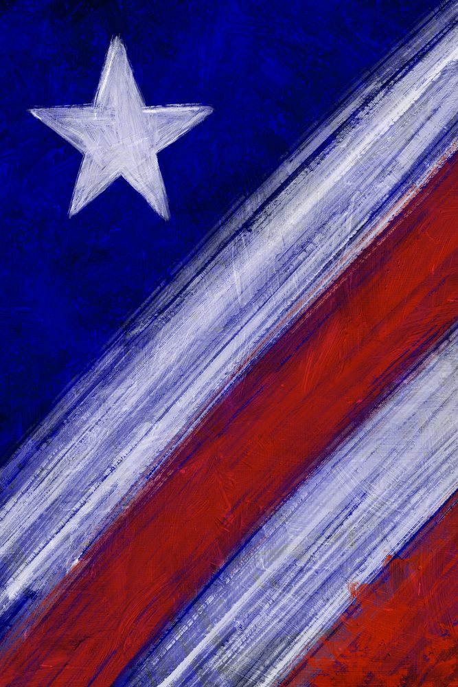 Painted illustration of a flag with a white star on a blue background and red and white stripes.
