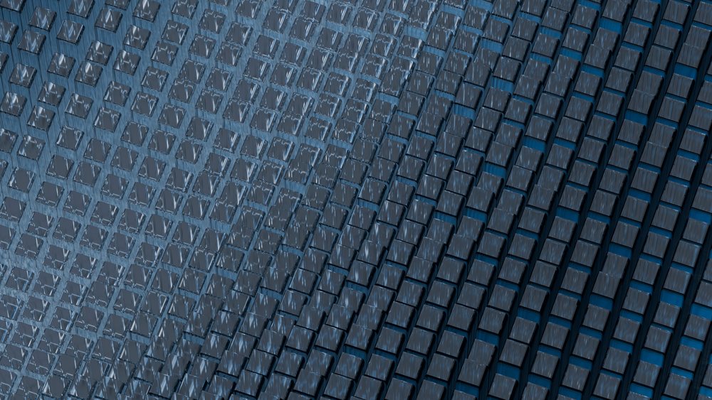 Abstract digital illustration of blue three-dimensional blocks forming a repetitive geometric pattern with reflective surfaces.