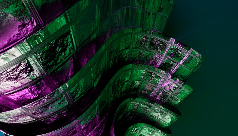 Abstract sculpture with curved green and purple metallic panels featuring reflective surfaces and smooth texture.