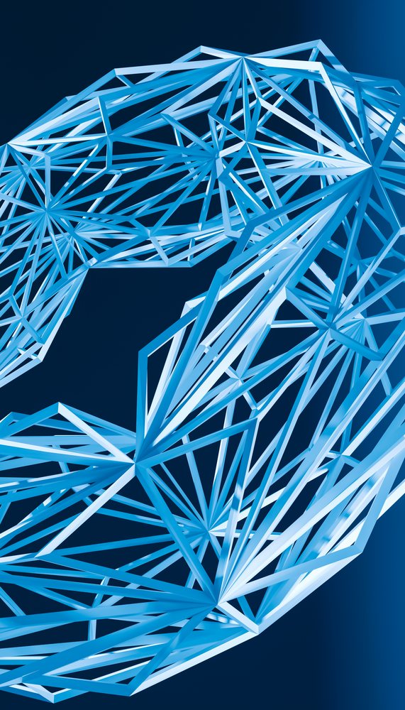 Blue 3D geometric interconnected network structure rendered on a dark background with triangular polygonal mesh and wireframe lines, abstract render background.