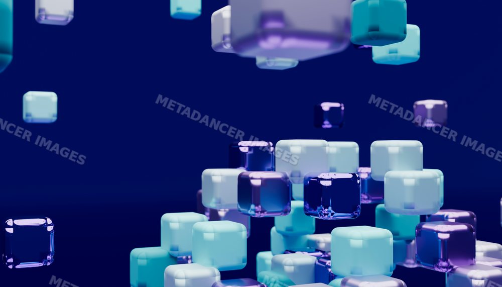 Digital rendering of floating transparent cubes on a blue background
