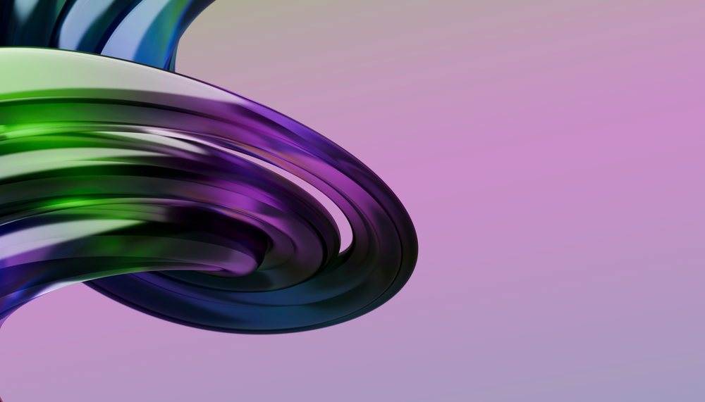 Abstract colorful twisting loop shape with smooth curves and shiny surface on purple gradient background.