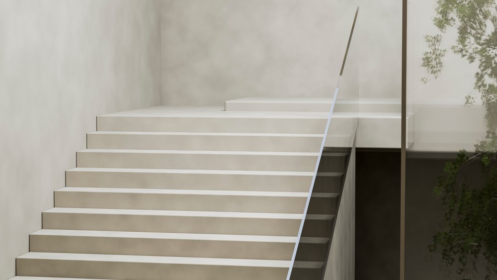 Minimalist modern white staircase featuring glass railing in a bright interior with visible greenery outside.