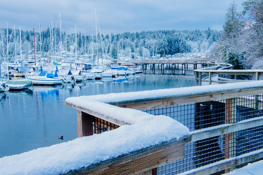 Marina with multiple boats docked along snow-covered wooden dock under clear blue winter sky, WA, USA.