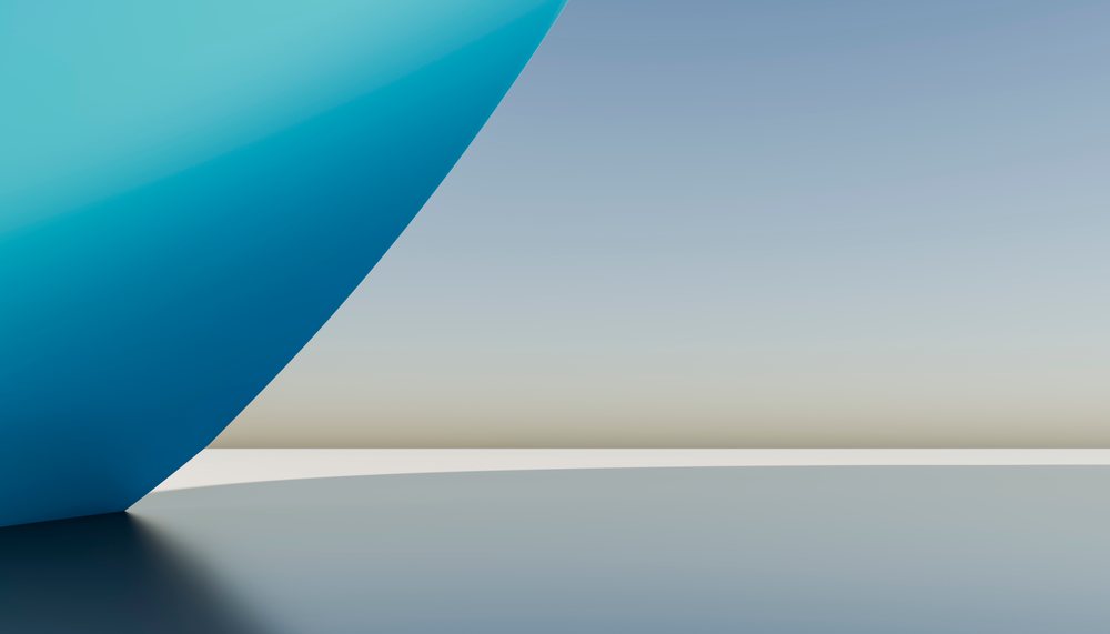 Blue curved abstract shape with smooth surface and gradient sky background in modern minimalist style.