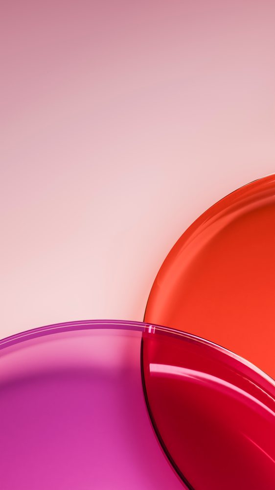 Red and pink overlapping curved colored glass shapes reflect light in an abstract minimalist composition.