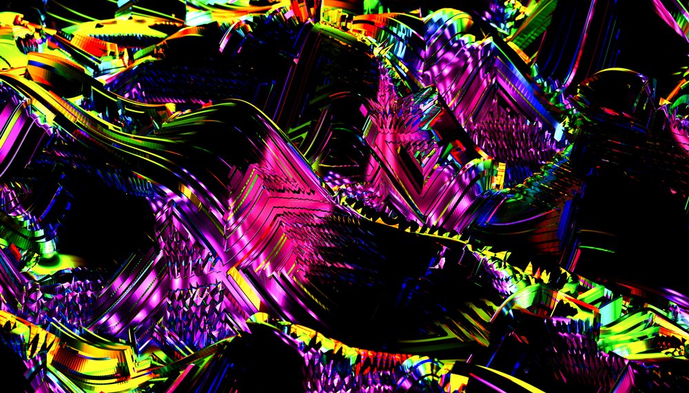 Abstract colorful 3D rendered geometric pattern featuring shiny and intricate shapes on a black background.