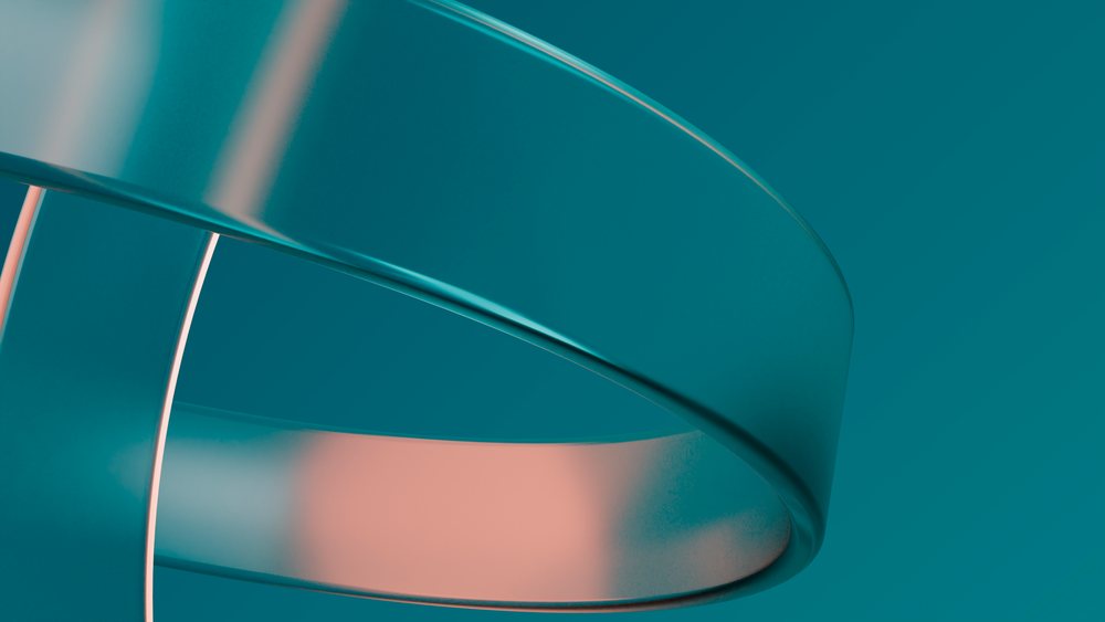 Abstract smooth glossy curved ribbon shape with teal and pink gradient in a modern 3D digital illustration.