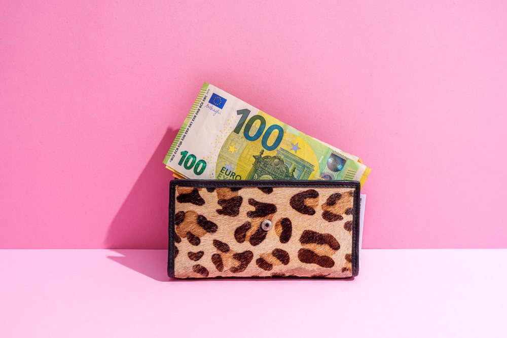 Leopard print wallet holding 100 euro banknotes against a pink studio background, Studio Shot.