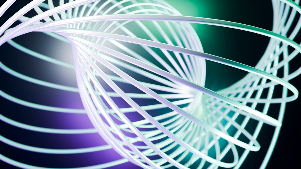 Digital abstract artwork featuring twisted white spiral lines against a glowing green and purple background.