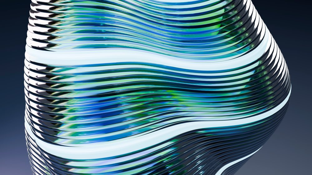 Abstract 3D digital sculpture featuring flowing blue and green glass-like curved layers on a dark background.